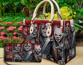 Horror halloween leren handtas en portemonnee, horror leren tas, schoudertas, crossbodytas, tas met handvat, cadeau voor moeder