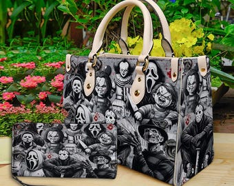 Horror halloween leren handtas en portemonnee, horror leren tas, schoudertas, crossbodytas, tas met handvat, cadeau voor moeder