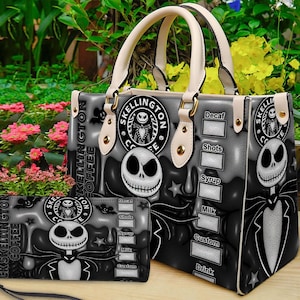 Jack Skellington leren handtas, Skellington-handtas, Skellington-portemonnee, aangepaste leren tas, gepersonaliseerde tas, Halloween lederen handtas afbeelding 1
