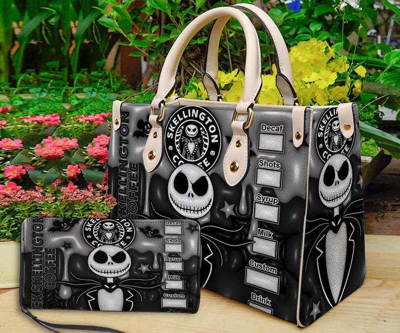 Jack Skellington leren handtas, Skellington-handtas, Skellington-portemonnee, aangepaste leren tas, gepersonaliseerde tas, Halloween lederen handtas afbeelding 1
