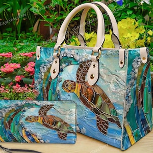 Sea Turtle Leather Handbag & Wallet, Sea Turtle Shoulder Bag, Custom Bag, Retro Handbag, Sea Turtle Handbag,  Mother's Day Gift