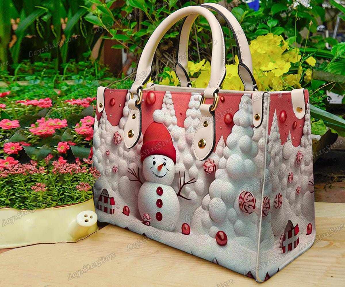 Discover Personalized Pink Christmas Snowman Leather Handbag, Christmas Women Bags, Woman Handbag, Custom Leather Bag, Christmas Gifts