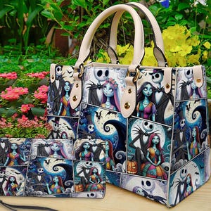 May include: A handbag and matching wallet featuring a collage of characters from a popular animated film. The bag has cream-colored handles and accents. The collage includes images of a skeleton-like figure, a rag doll, and a full moon.