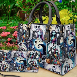 May include: A handbag and wallet set featuring a collage of characters and scenes from a popular animated movie. The bag has black handles and gold-colored hardware. The wallet has a wrist strap. The background includes a full moon and swirling night sky.