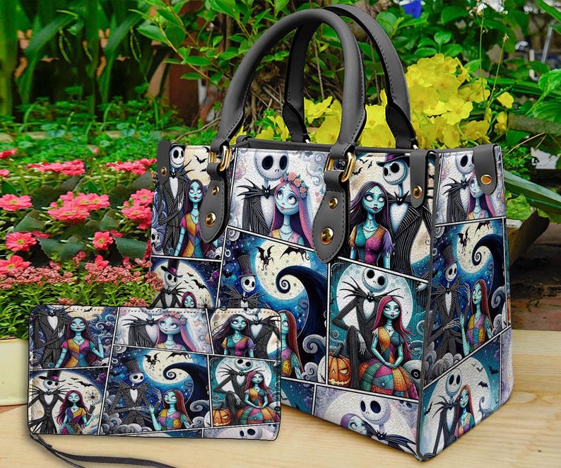 May include: A handbag and wallet set featuring a collage of characters and scenes from a popular animated movie. The bag has black handles and gold-colored hardware. The wallet has a wrist strap. The background includes a full moon and swirling night sky.