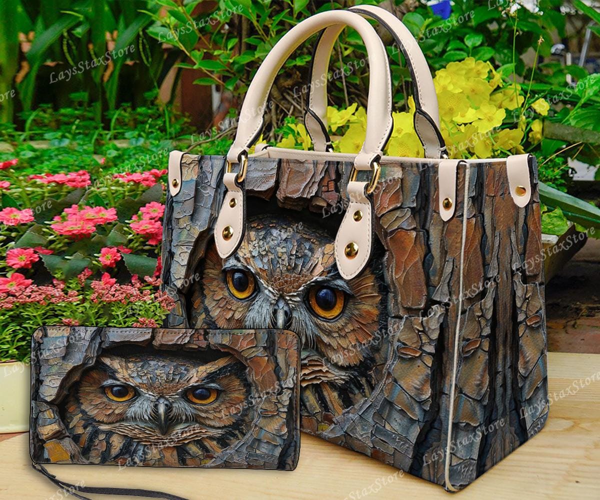 Owl Leather Handbag & Wallet, Owl Shoulder Bag, Custom Bag, Retro Handbag, Owl Handbag,  Mother&