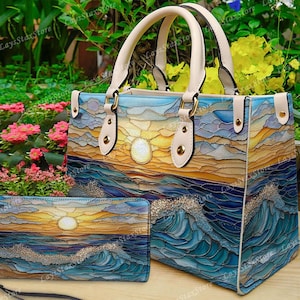 Gentle Ocean Waves Sunrise Leather Handbag & Wallet, Shoulder Bag, Custom Bag, Retro Handbag, Tote Handbag,  Mother's Day Gift