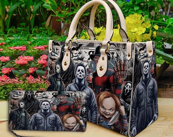 Horror halloween leren handtas en portemonnee, horror leren tas, schoudertas, crossbodytas, tas met handvat, cadeau voor moeder