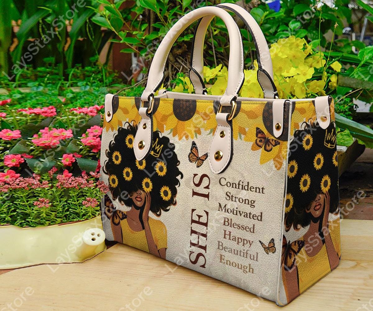 Discover Personalized Black Leather Handbag for Women with Inspirational Words