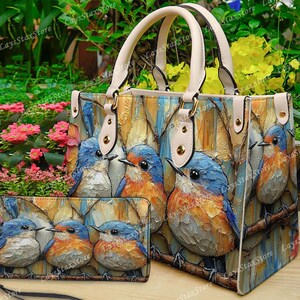 Row of Bluebirds Leather Handbag & Wallet, Row of Bluebirds Shoulder Bag, Custom Bag, Row of Bluebirds tote Bag, Mother's Day Gift