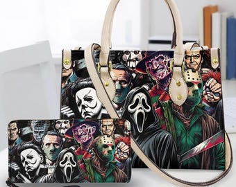 Horror halloween leren handtas en portemonnee, horror leren tas, schoudertas, crossbodytas, tas met handvat, cadeau voor moeder
