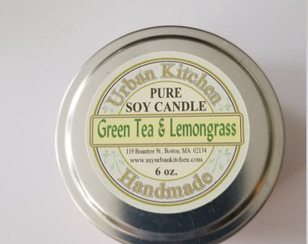 Green Tea & Lemongrass Soy Candle 6 oz., Soy Candle, Candle Tin, Gift, Green Tea,