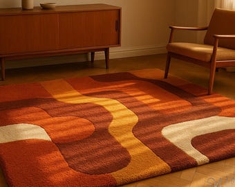 Mid Century Modern Shag Rug, Retro Abstract Area Rug, Earth Tone Geometric Carpet, Plush HandCrafted Living Room Rug, Vintage Inspired Decor