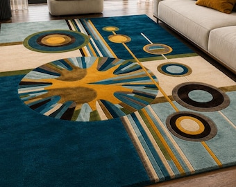 Mid Century Modern Rug, Abstract Geometric Area Rug, Hand Tufted Wool Rug, Teal Blue Gold Carpet, Modern Living Room Rug, Retro Rug 8x10