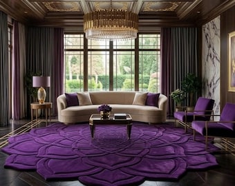 Luxury Purple Scalloped Mandala Area Rug – Handmade Plush Wool Carpet, Modern Floral Round Rug for Elegant Living Room Decor 10x10 \ 12x12