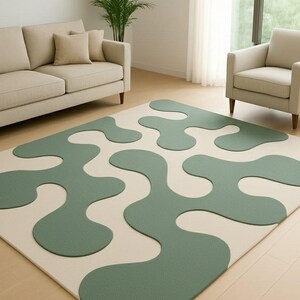 Modern Abstract Fluid Pattern Area Rug (Sage Green & Cream) Modern Hand-Tufted New Zealand Wool Rug, Green Cream Wavy Abstract.