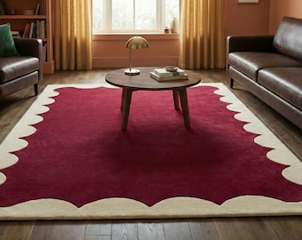 Handmade Red & Ivory Scalloped Area Rug – Modern Wool Carpet for Living Room, Soft Luxury Designer Rug 8x10 \ 9x12 Wool Area Rug.