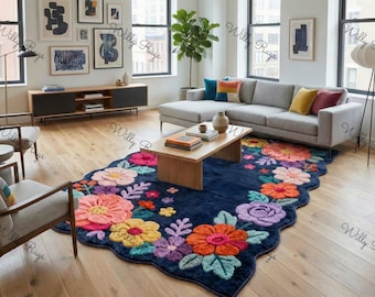 Handmade-Tufted Floral Rug | Bold Navy Floral Scalloped Area Rug | Colorful Wool Tufted Rug Living Room Carpet | Modern Statement Flower Rug