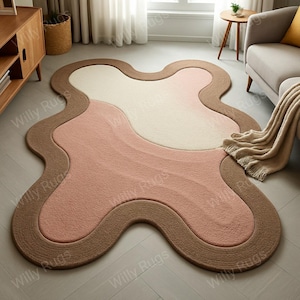 Hand-Tufted Wool Area Rug: Wavy Abstract Design - Pastel Pink & Beige