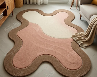 Hand Tufted Wool Area Rug: Abstract Beige & Pink Irregular Shape