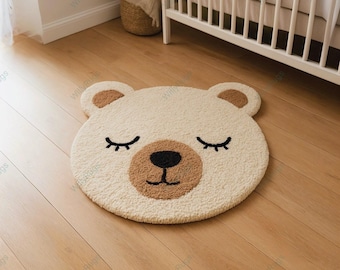 Hand-Tufted Wool Bear Rug: Kids Nursery, Playroom Decor Gift For Baby Soft Rug