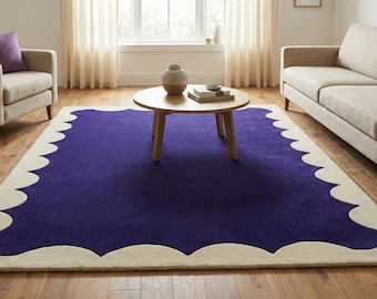 Hand Tufted Wool Rug 8x10 – Modern Abstract Purple Area Rug, Irregular Shape Ivory Border Carpet, Plush Luxury Living Room Rug.
