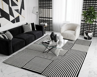 Handmade Wool Area Rug: Black and White Geometric Tufted Carpet