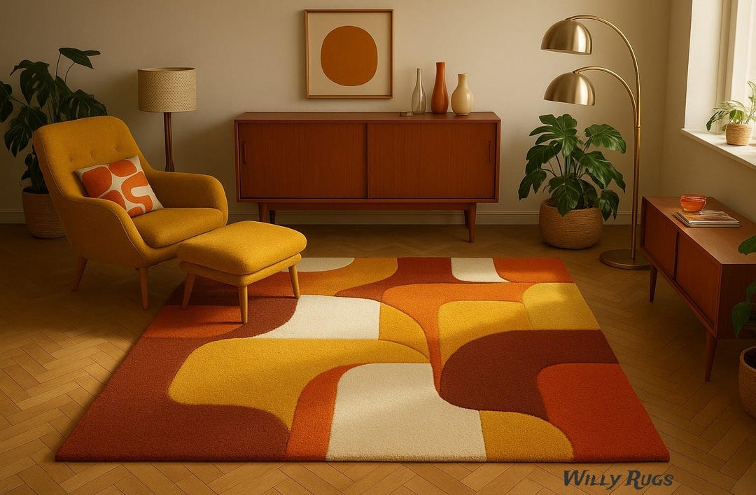 Modern Whimsy Area Rug Mid Century Modern Geometric Area Rug | Retro 70s Orange Mustard Rust ...