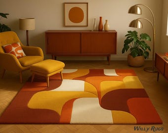 Mid Century Modern Geometric Area Rug | Retro 70s Orange Mustard Rust Abstract Carpe | Whimsical Waves Rugs 5x8 \ 6x9 \ 8x10 Area Rug.