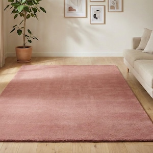 Luxury Solid Pink Area Rug | Modern Living Room Carpet | Hand-Tufted Soft Wool Rug | Minimalist Home Decor | Custom Size Plush Floor Rug image 1