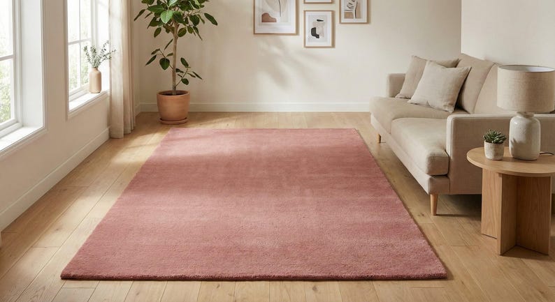 Luxury Solid Pink Area Rug | Modern Living Room Carpet | Hand-Tufted Soft Wool Rug | Minimalist Home Decor | Custom Size Plush Floor Rug image 1
