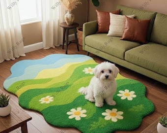 Handmade Tufted Daisy Rug | Moss Green Wildflower Meadow