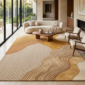 Modern Abstract Hand Tufted Wool Rug, Neutral Beige Brown Area Rug, 3D Carved Contemporary Rug, Organic Wave Pattern Rug, Luxury Home Decor.
