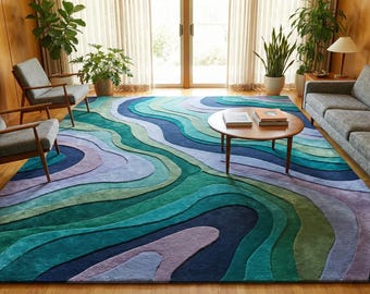 Handmade Retro Wool Rug | Colorful Mid-Century Modern Abstract Design | 6x9 \ 7x10 \ 8x10 \ 9x12 Hand Tufted Wool Area Rugs