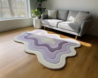 Hand-Tufted Wool Area Rug: Abstract Purple Waves, Modern Decor
