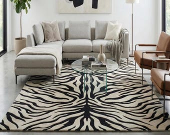 Hand Tufted Zebra Print Rug, Black and White Wool Area Rug, Animal Print Statement Carpet, Modern Safari Rug, Custom Handmade Rug 8x10