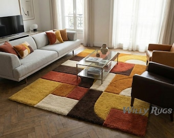Modern Abstract Geometric Area Rug – Hand Tufted Wool Carpet, Warm Mustard Rust Brown Blocks, Mid-Century Living Room Rug