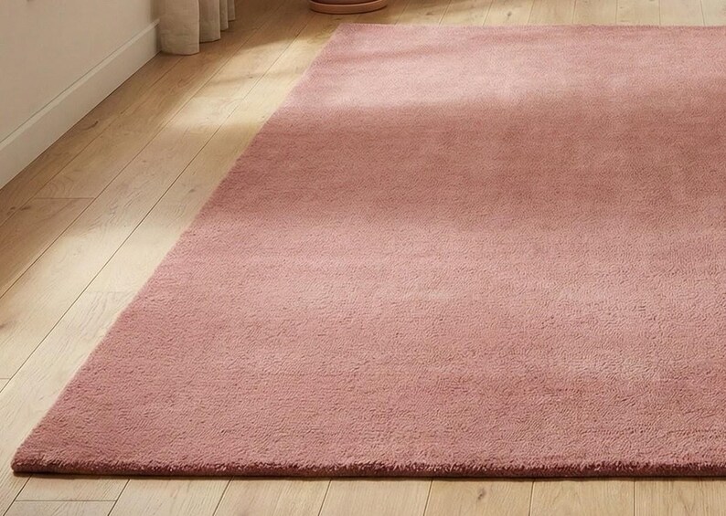 Luxury Solid Pink Area Rug | Modern Living Room Carpet | Hand-Tufted Soft Wool Rug | Minimalist Home Decor | Custom Size Plush Floor Rug image 4