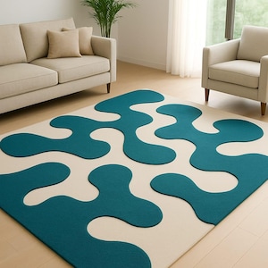 Abstract Teal and Cream Fluid Pattern Area Rug