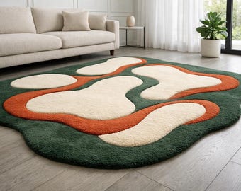 Organic Wavy Abstract Rug | Hand Tufted Wool Carpet | Earthy Green ...