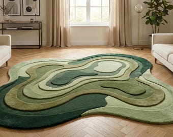 Alfombra orgánica verde en capas / Alfombra abstracta ondulada 3D / Alfombra personalizada hecha a mano / Decoración de sala de estar inspirada en la naturaleza / Alfombra de piso moderna