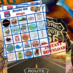 Juego de bingo de la Ruta 66 para viajes por carretera, imprimible, entretenimiento en el coche, actividad para vacaciones familiares, diversión para niños, temática de viajes, descarga digital, búsqueda del tesoro