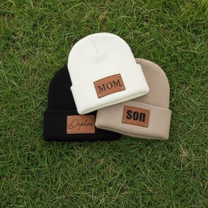 Personalized Leather Patch Beanie - Custom Matching Parent Child Hats - Family Gift Set - Engraved Mommy and Me Beanie - Personalized Gift