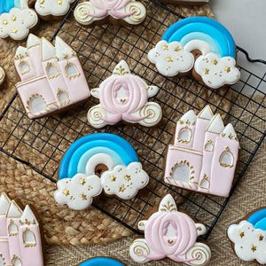 Fairy Tale Cookies 1 DOZEN– Pink, Blue Princess Set with Rainbow, Castle, Carriage