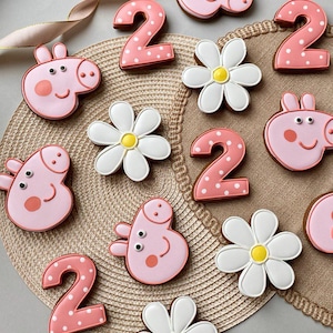Peppa Pig 2 DOZEN Themed Cookies, Pink Number, Flower & Character, Birthday Treats for Girls Edible Decor