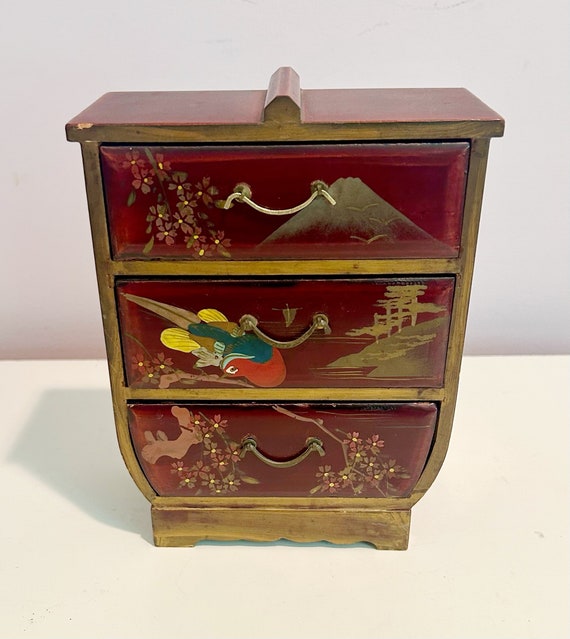 Lacquer Box Asian Floral Red Lacquer Japan