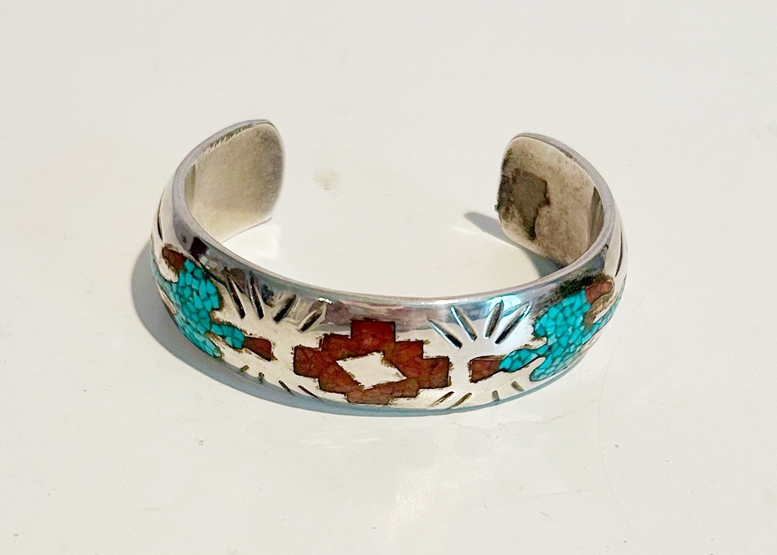 Astronomical Vintage Native American Navajo Turquoise Inlay Sterling Silver Bracelet Astronomical Vintage Native American Navajo Turquoise Inlay Sterling Silver Bracelet