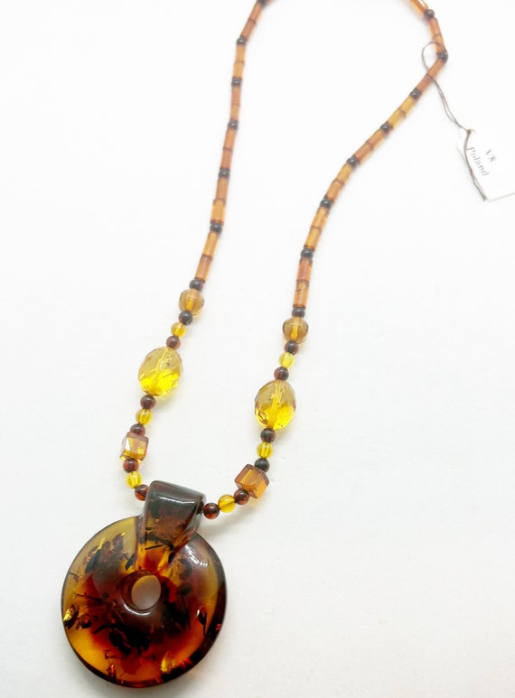 Tri Color Beaded Faux Baltic Amber Pendant Necklac