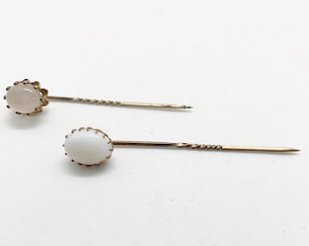 Antike viktorianische Rose Gold Sterling Stick Pins Hut Pins Mondstein und Opalite