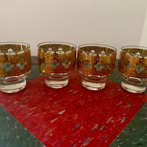 Culver Pisa Valencia Barware Green and Gold Roly Poly Glasses Set 22kt Gold